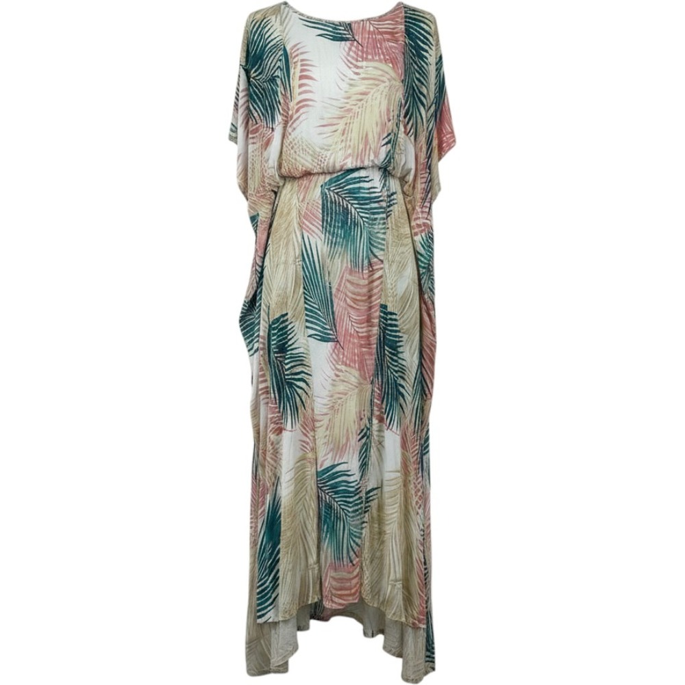 Tropical Palm Leaf Print Maxi Dress Rayon Beach Cover Up Pink Teal Slit One Size